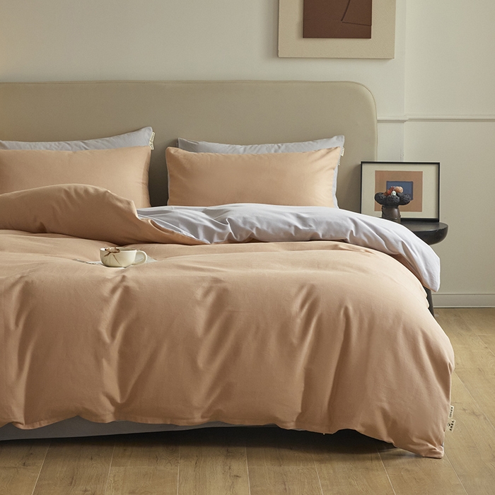 91家纺网 家纺一手货源 找家纺 澳梵家居 2024新款秋冬纯色全棉磨毛四件套--素色如锦系列 南瓜橘-幻影灰