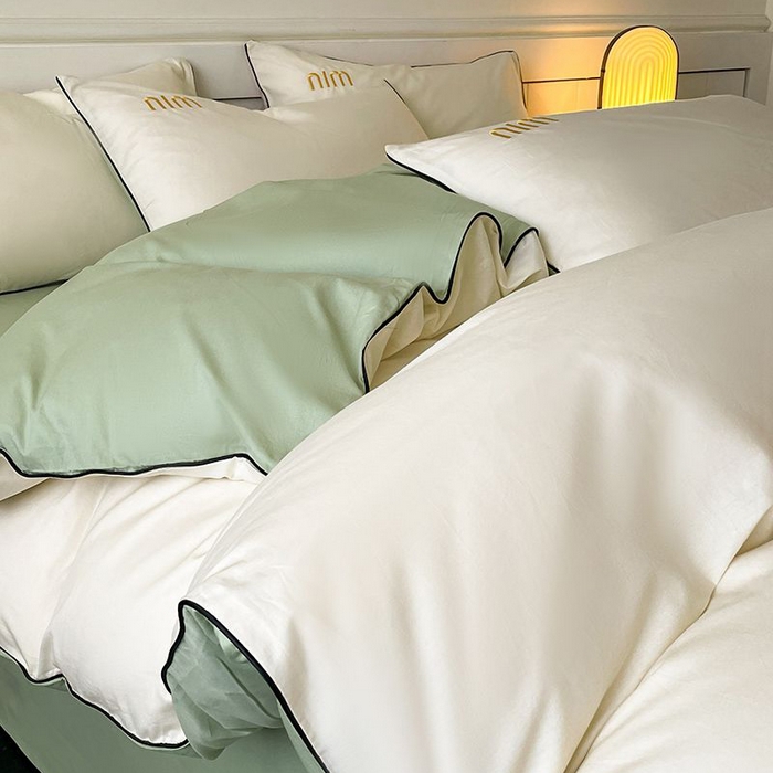 91家纺网 家纺一手货源 找家纺 澳梵家居 2024新款全棉嵌绳四件套--minmin系列 minmin奶昔白-清风绿