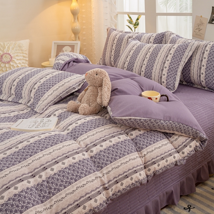 91家纺网 家纺一手货源 找家纺 富之航家纺2024新款小清新床盖四件套公主风提花针织棉床盖四件套 素漫