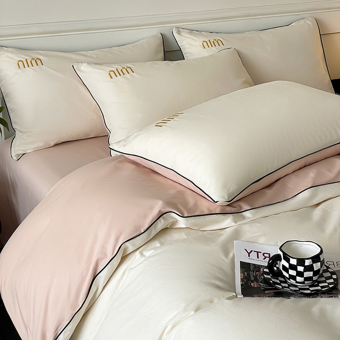 91家纺网 家纺一手货源 找家纺 澳梵家居 2024新款全棉嵌绳四件套--minmin系列 minmin奶昔白-白桃粉