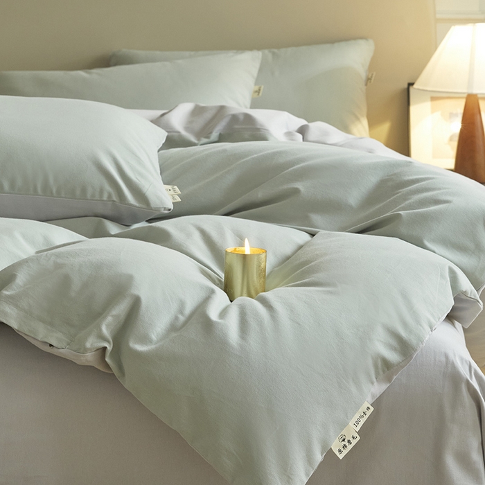 91家纺网 家纺一手货源 找家纺 澳梵家居 2024新款秋冬纯色全棉磨毛四件套--素色如锦系列 锦绣绿-幻影灰