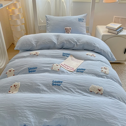 91家纺网 家纺一手货源 找家纺 韩巢家纺 2024新款学生宿舍寝室上下铺超柔水洗棉毛巾绣单件被套-小白熊（提供卖家秀） 小白熊 浅蓝