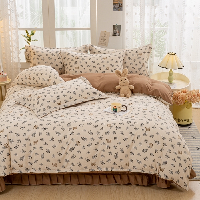 91家纺网 家纺一手货源 找家纺 富之航家纺2024新款小清新床盖四件套公主风提花针织棉床盖四件套 蝶恋花咖