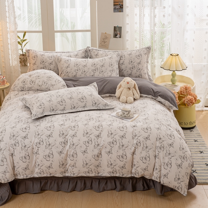 91家纺网 家纺一手货源 找家纺 富之航家纺 2024新款小清新床盖四件套公主风提花针织棉床盖四件套 梦蝶