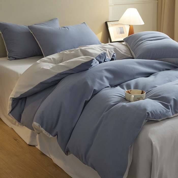 91家纺网 家纺一手货源 找家纺 澳梵家居 2024新款秋冬纯色全棉磨毛四件套--素色如锦系列 半岛蓝-幻影灰