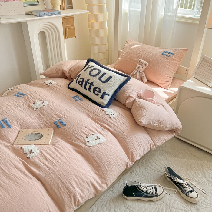 91家纺网 家纺一手货源 找家纺 韩巢家纺 2024新款学生宿舍寝室上下铺超柔水洗棉毛巾绣被套床单三件套-小白熊（提供卖家秀） 小白熊 浅咖