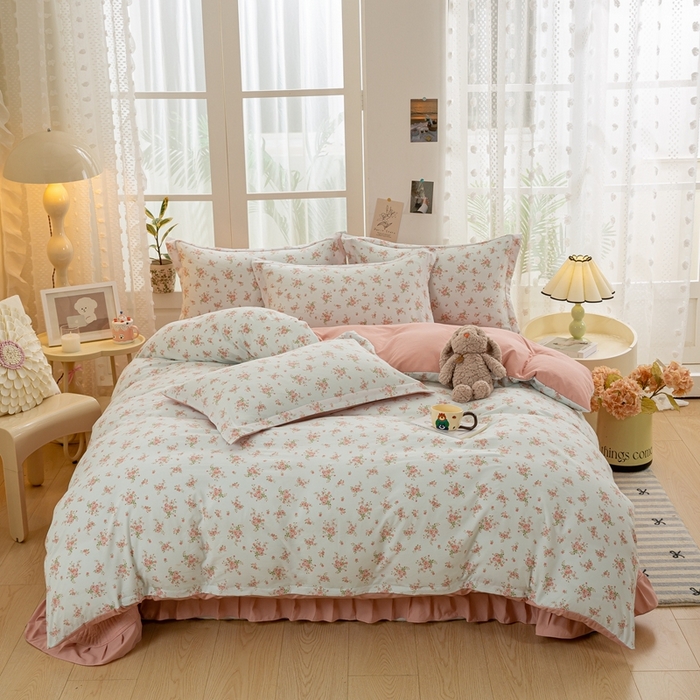 91家纺网 家纺一手货源 找家纺 富之航家纺2024新款小清新床盖四件套公主风提花针织棉床盖四件套 相思兰