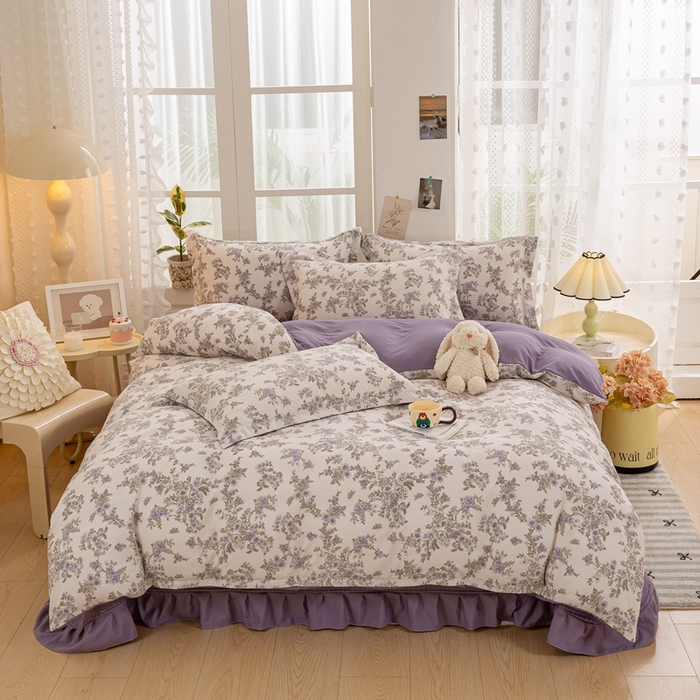 91家纺网 家纺一手货源 找家纺 富之航家纺 2024新款小清新床盖四件套公主风提花针织棉床盖四件套 清欢