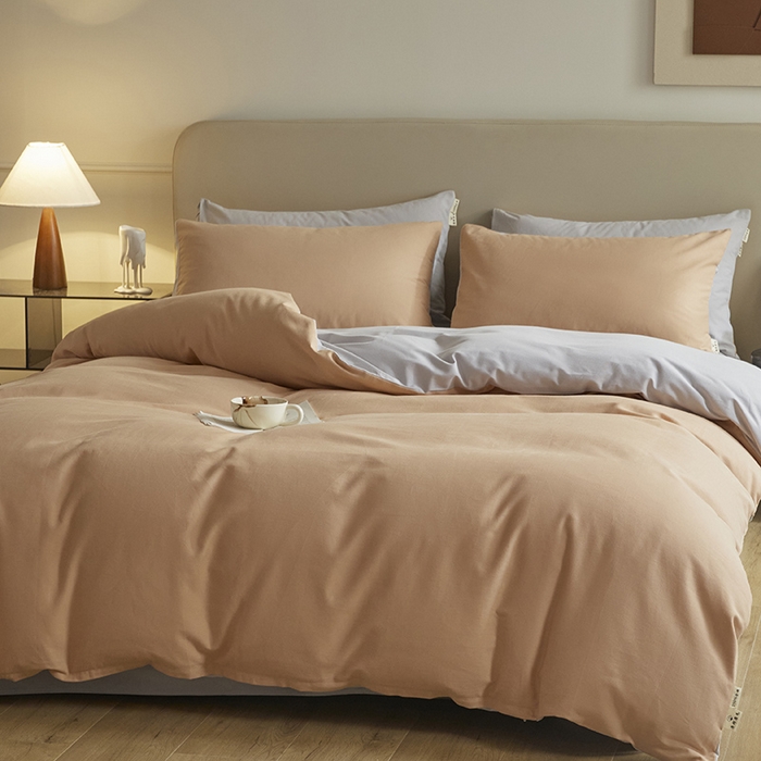 91家纺网 家纺一手货源 找家纺 澳梵家居 2024新款秋冬纯色全棉磨毛四件套--素色如锦系列 南瓜橘-幻影灰