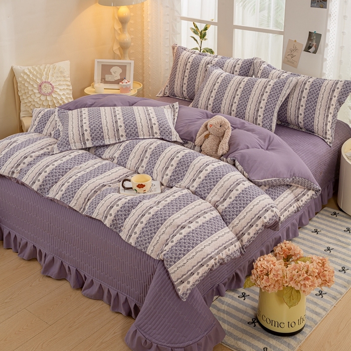 91家纺网 家纺一手货源 找家纺 富之航家纺2024新款小清新床盖四件套公主风提花针织棉床盖四件套 素漫