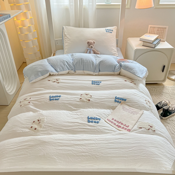 91家纺网 家纺一手货源 找家纺 韩巢家纺 2024新款学生宿舍寝室上下铺超柔水洗棉毛巾绣单件被套-小白熊（提供卖家秀） 小白熊 白蓝