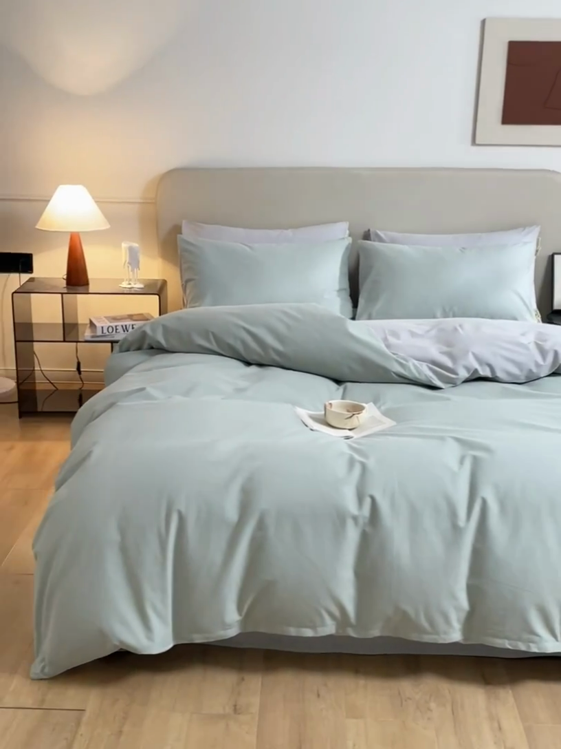 91家纺网 家纺一手货源 找家纺 澳梵家居 2024新款秋冬纯色全棉磨毛四件套--素色如锦系列 锦绣绿-幻影灰