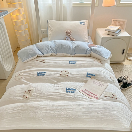 91家纺网 家纺一手货源 找家纺 韩巢家纺 2024新款学生宿舍寝室上下铺超柔水洗棉毛巾绣单件被套-小白熊（提供卖家秀） 小白熊 白蓝