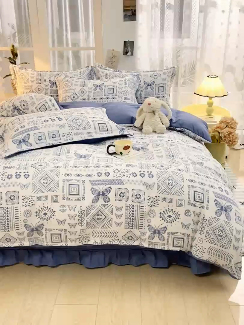 91家纺网 家纺一手货源 找家纺 富之航家纺 2024新款小清新床盖四件套公主风提花针织棉床盖四件套 蓝图
