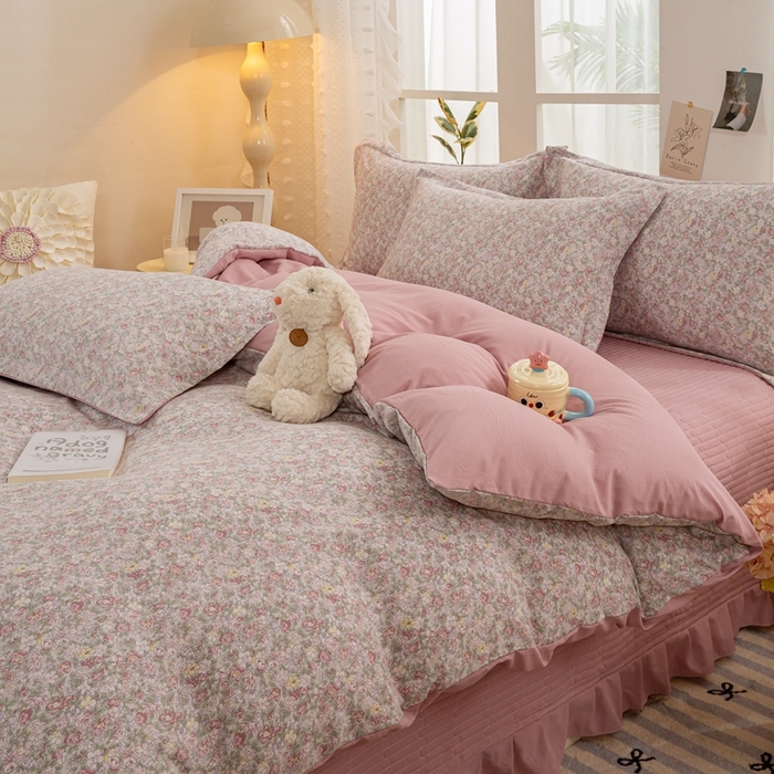 91家纺网 家纺一手货源 找家纺 富之航家纺 2024新款小清新床盖四件套公主风提花针织棉床盖四件套套 雾里花