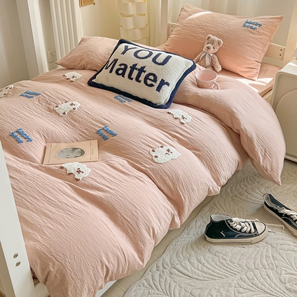 韩巢家纺 2024新款学生宿舍寝室上下铺超柔水洗棉毛巾绣被套床单三件套-小白熊（提供卖家秀） 小白熊 浅咖