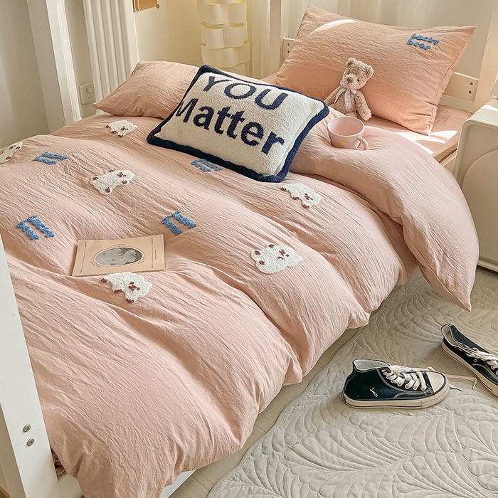 91家纺网 家纺一手货源 找家纺 韩巢家纺 2024新款学生宿舍寝室上下铺超柔水洗棉毛巾绣被套床单三件套-小白熊（提供卖家秀） 小白熊 浅咖