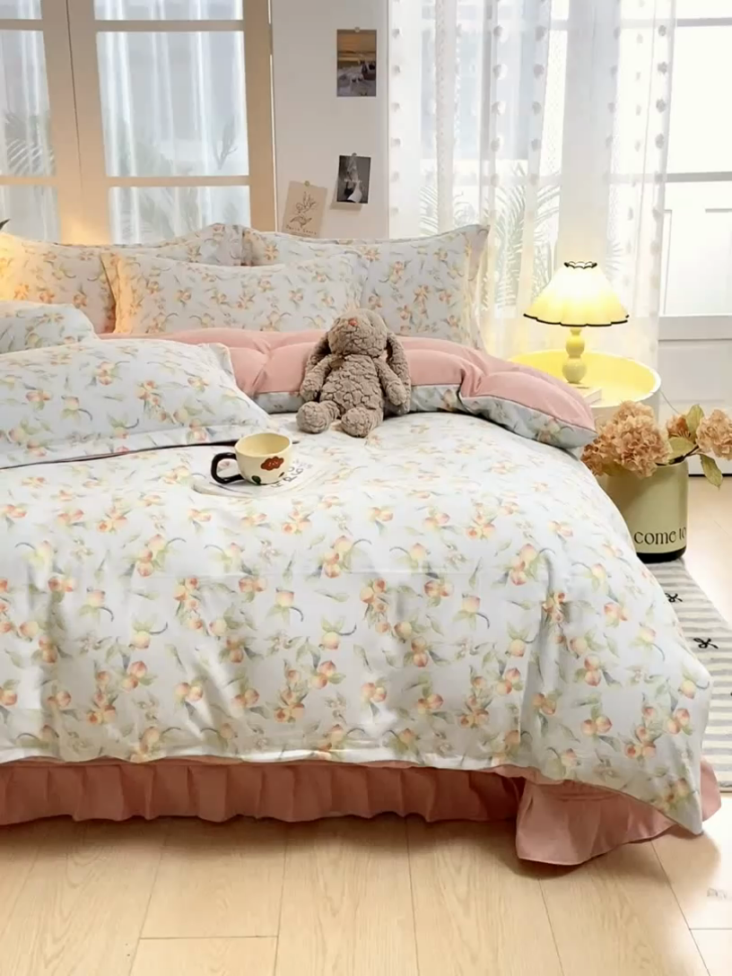 91家纺网 家纺一手货源 找家纺 富之航家纺2024新款小清新床盖四件套公主风提花针织棉床盖四件套 相思兰