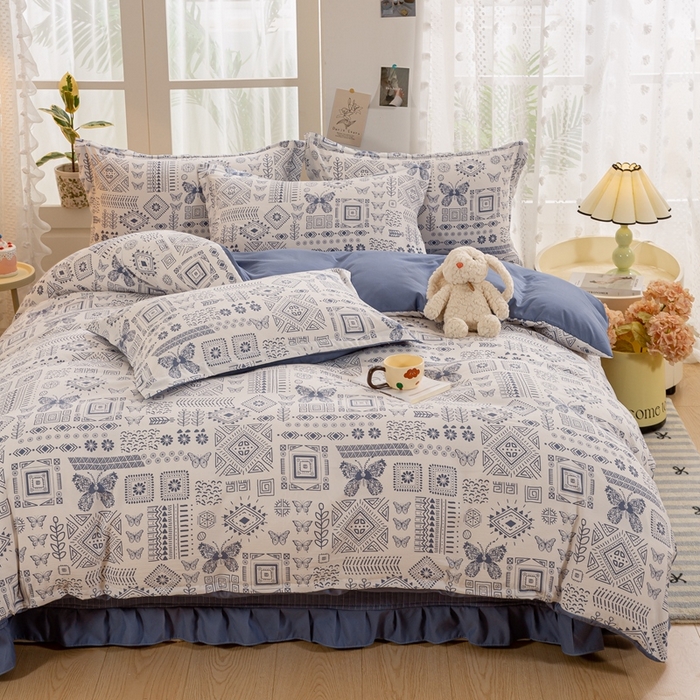 91家纺网 家纺一手货源 找家纺 富之航家纺 2024新款小清新床盖四件套公主风提花针织棉床盖四件套 蓝图