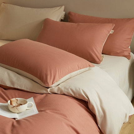 澳梵家居 2024新款秋冬纯色全棉磨毛四件套--素色如锦系列 珊瑚橙-奶白