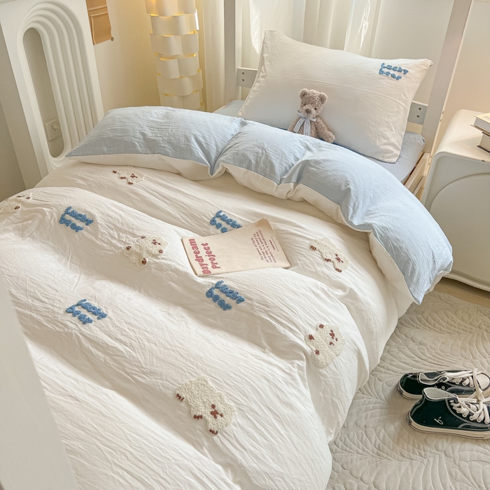 91家纺网 家纺一手货源 找家纺 韩巢家纺 2024新款学生宿舍寝室上下铺超柔水洗棉毛巾绣单件被套-小白熊（提供卖家秀） 小白熊 白蓝