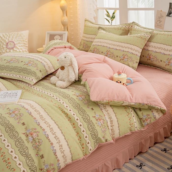 91家纺网 家纺一手货源 找家纺 富之航家纺 2024新款小清新床盖四件套公主风提花针织棉床盖四件套 复苏