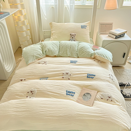 韩巢家纺 2024新款学生宿舍寝室上下铺超柔水洗棉毛巾绣单件被套-小白熊（提供卖家秀） 小白熊 奶黄绿