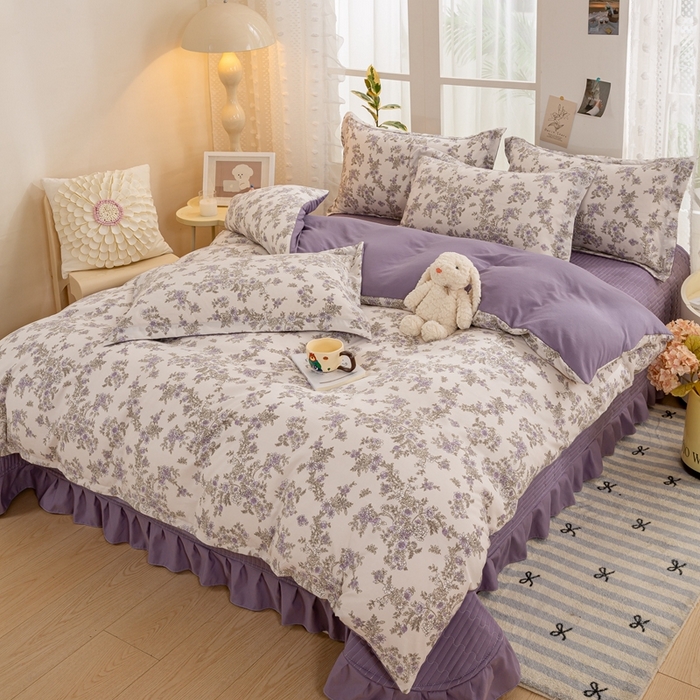 91家纺网 家纺一手货源 找家纺 富之航家纺 2024新款小清新床盖四件套公主风提花针织棉床盖四件套 清欢