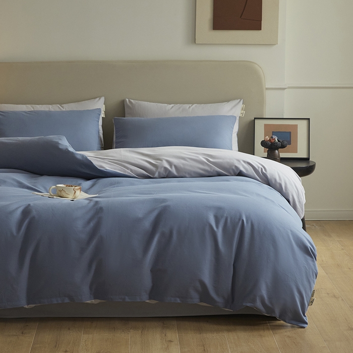 91家纺网 家纺一手货源 找家纺 澳梵家居 2024新款秋冬纯色全棉磨毛四件套--素色如锦系列 半岛蓝-幻影灰