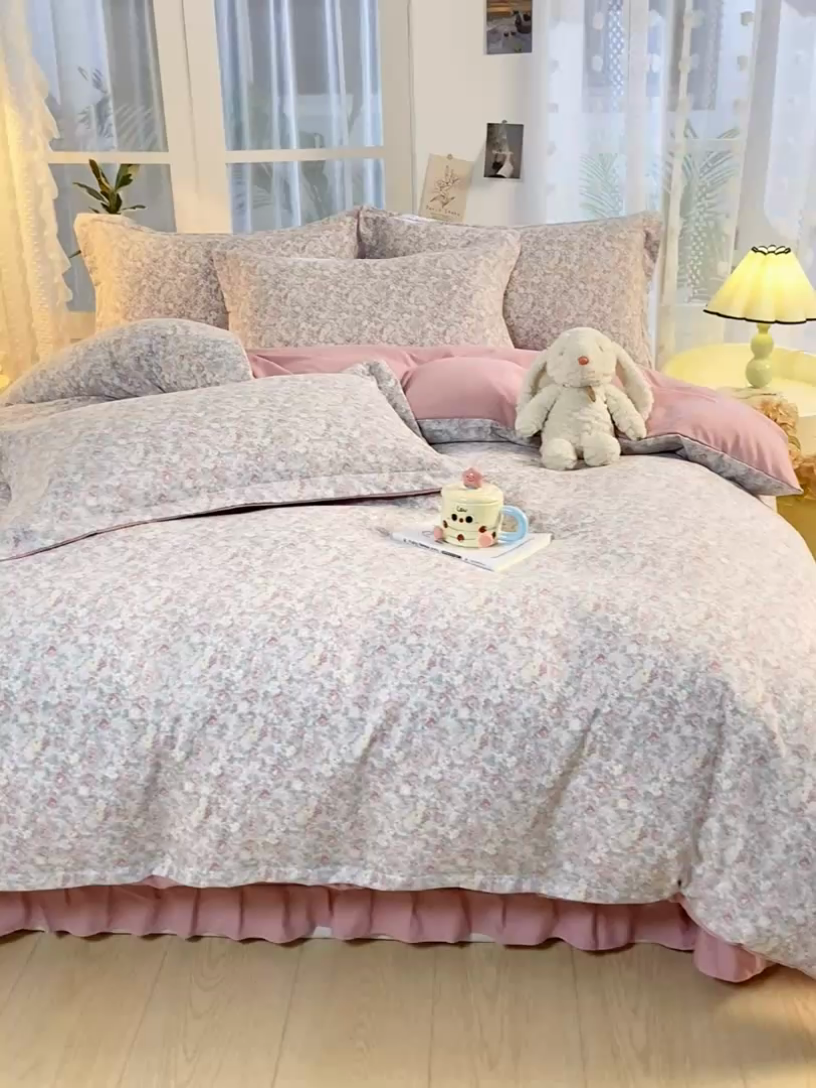 91家纺网 家纺一手货源 找家纺 富之航家纺 2024新款小清新床盖四件套公主风提花针织棉床盖四件套套 雾里花
