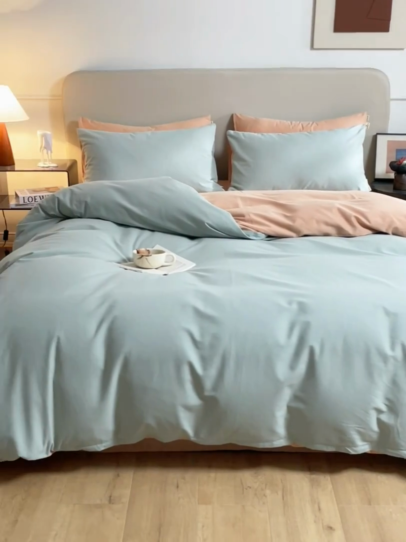 91家纺网 家纺一手货源 找家纺 澳梵家居 2024新款秋冬纯色全棉磨毛四件套--素色如锦系列 锦绣绿-珊瑚橙