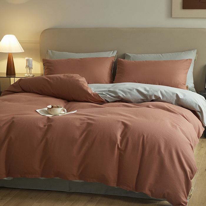 91家纺网 家纺一手货源 找家纺 澳梵家居 2024新款秋冬纯色全棉磨毛四件套--素色如锦系列 珊瑚橙-幻影灰