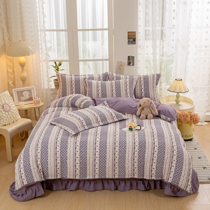 91家纺网 家纺一手货源 找家纺 富之航家纺2024新款小清新床盖四件套公主风提花针织棉床盖四件套 素漫