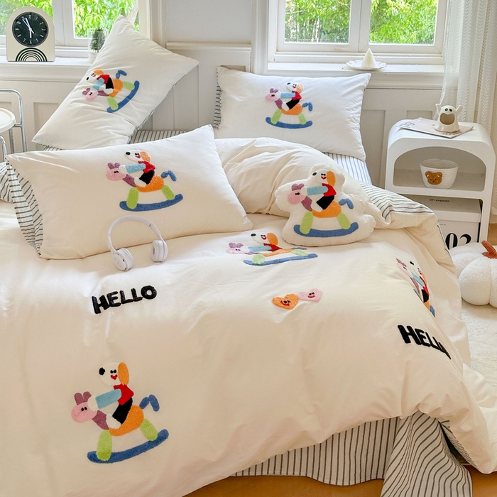 91家纺网 家纺一手货源 找家纺 宏羽纺家纺 2024新款全棉水洗棉贴布绣四件套 摇摇乐