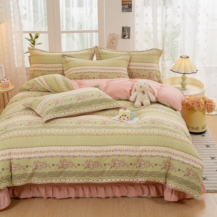 91家纺网 家纺一手货源 找家纺 富之航家纺 2024新款小清新床盖四件套公主风提花针织棉床盖四件套 复苏