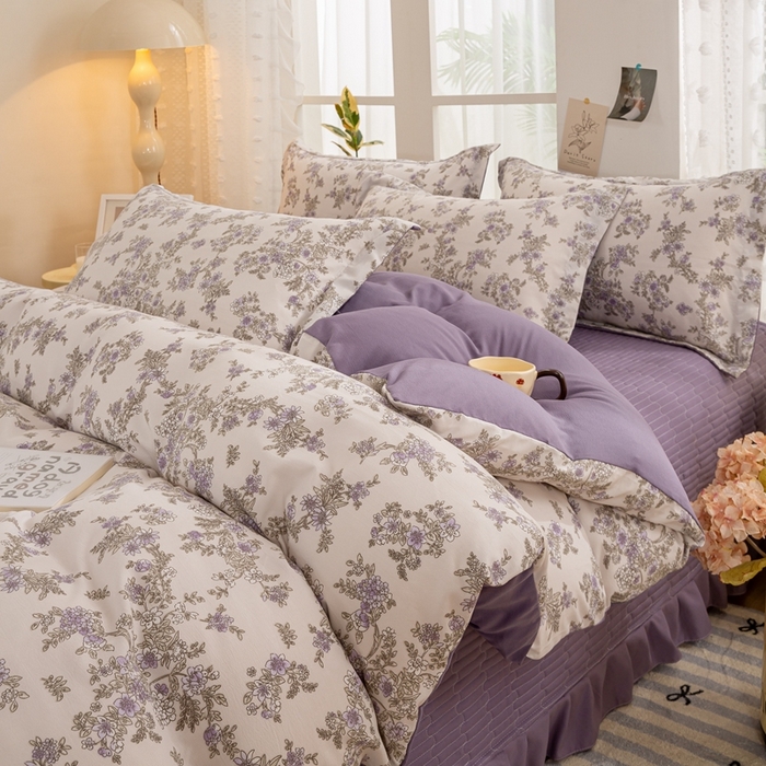 91家纺网 家纺一手货源 找家纺 富之航家纺 2024新款小清新床盖四件套公主风提花针织棉床盖四件套 清欢