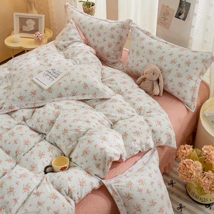 91家纺网 家纺一手货源 找家纺 富之航家纺2024新款小清新床盖四件套公主风提花针织棉床盖四件套 相思兰