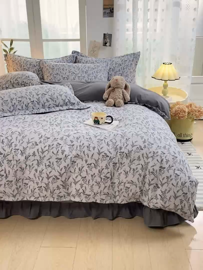 91家纺网 家纺一手货源 找家纺 富之航家纺2024新款小清新床盖四件套公主风提花针织棉床盖四件套莫吉