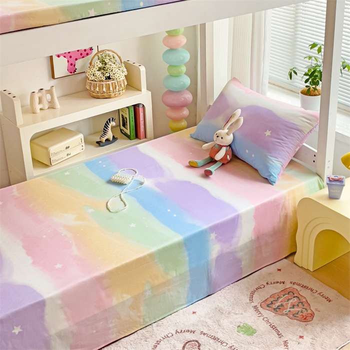 91家纺网 家纺一手货源 找家纺 名兮家居 2024新款学生床上下铺全棉床单  彩色天空