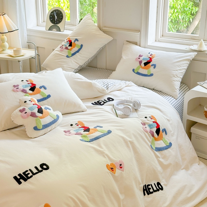 91家纺网 家纺一手货源 找家纺 宏羽纺家纺 2024新款全棉水洗棉贴布绣四件套 摇摇乐