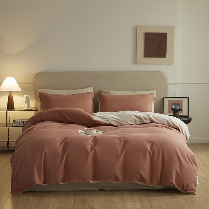 91家纺网 家纺一手货源 找家纺 澳梵家居 2024新款秋冬纯色全棉磨毛四件套--素色如锦系列 珊瑚橙-奶白