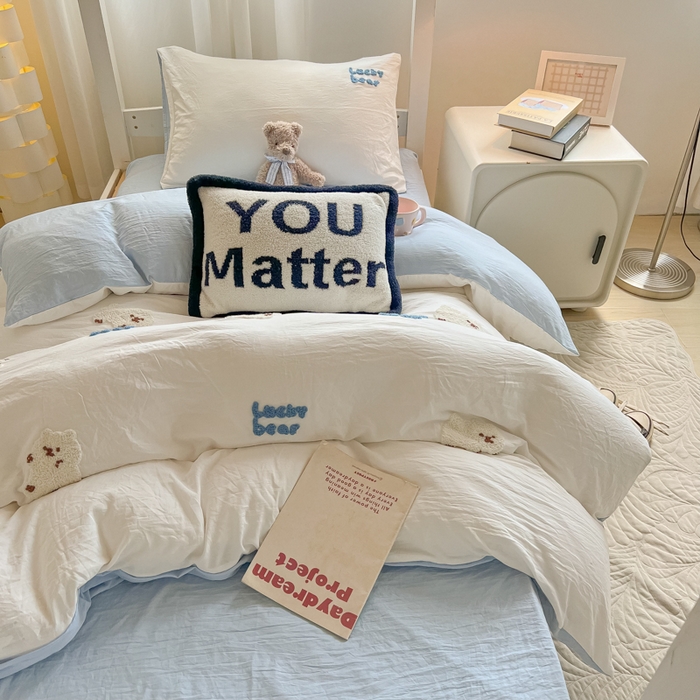 91家纺网 家纺一手货源 找家纺 韩巢家纺 2024新款学生宿舍寝室上下铺超柔水洗棉毛巾绣单件被套-小白熊（提供卖家秀） 小白熊 白蓝