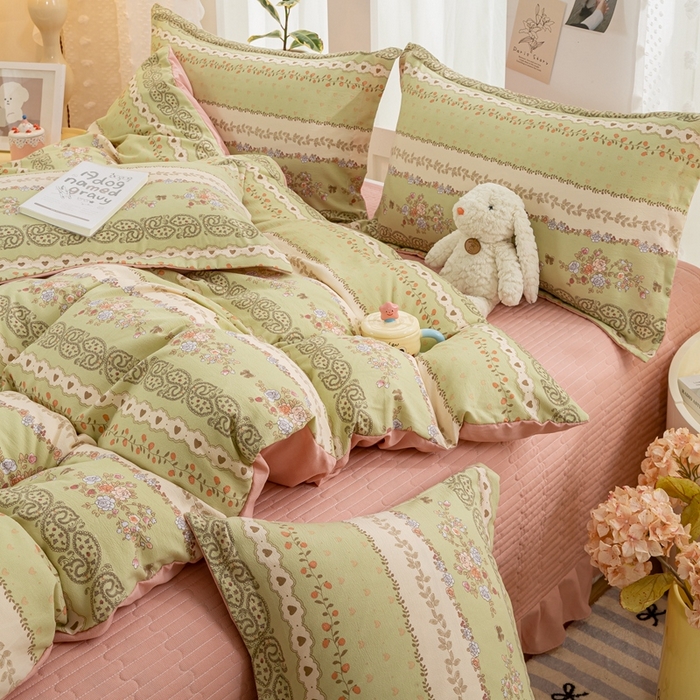 91家纺网 家纺一手货源 找家纺 富之航家纺 2024新款小清新床盖四件套公主风提花针织棉床盖四件套 复苏