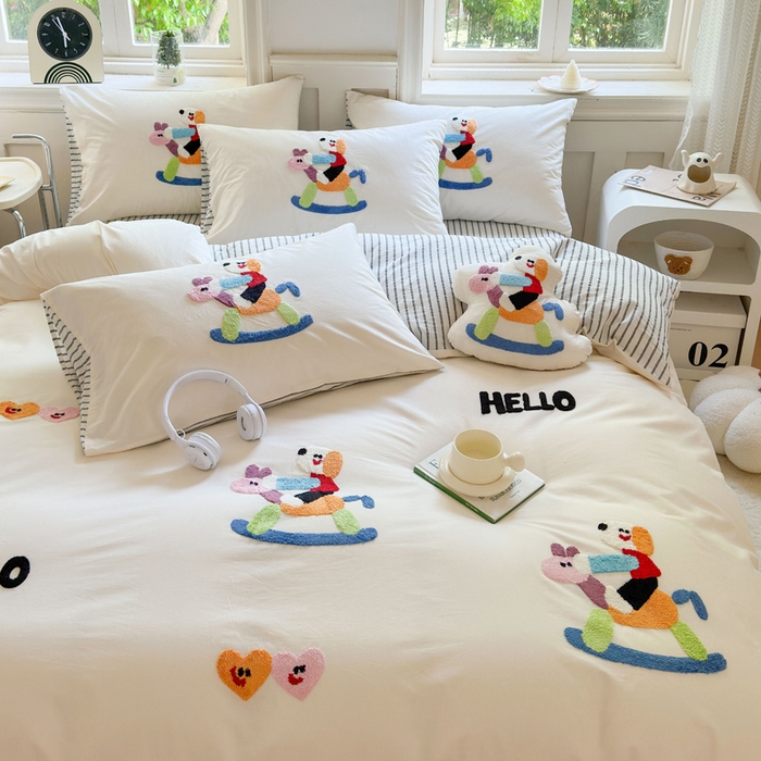 91家纺网 家纺一手货源 找家纺 宏羽纺家纺 2024新款全棉水洗棉贴布绣四件套 摇摇乐