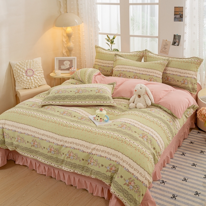 91家纺网 家纺一手货源 找家纺 富之航家纺 2024新款小清新床盖四件套公主风提花针织棉床盖四件套 复苏