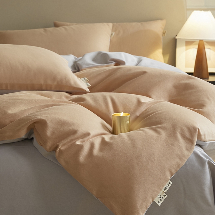 91家纺网 家纺一手货源 找家纺 澳梵家居 2024新款秋冬纯色全棉磨毛四件套--素色如锦系列 南瓜橘-幻影灰