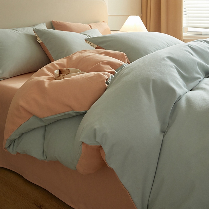 91家纺网 家纺一手货源 找家纺 澳梵家居 2024新款秋冬纯色全棉磨毛四件套--素色如锦系列 锦绣绿-珊瑚橙