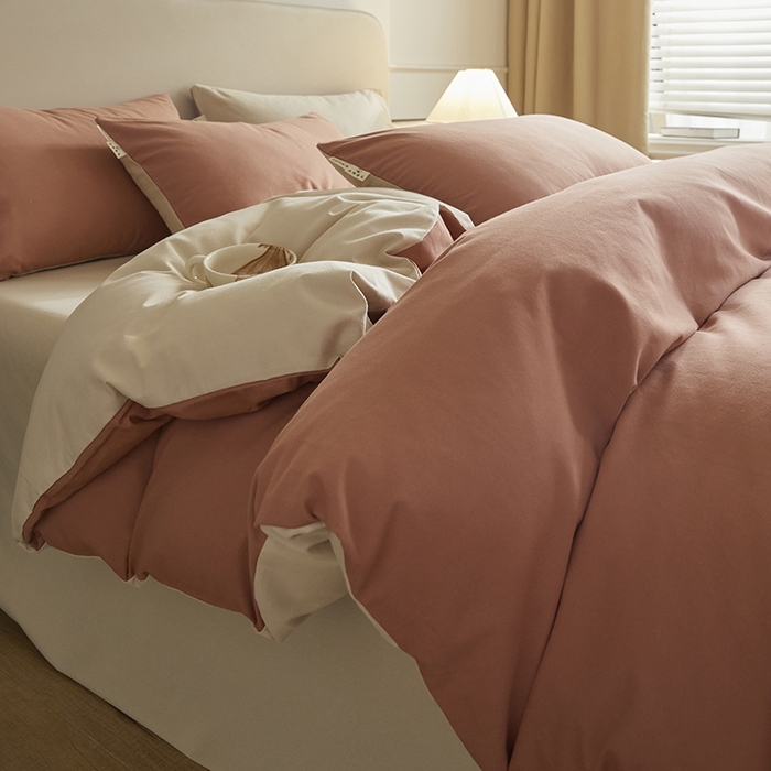 91家纺网 家纺一手货源 找家纺 澳梵家居 2024新款秋冬纯色全棉磨毛四件套--素色如锦系列 珊瑚橙-奶白