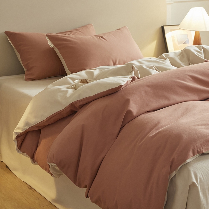 91家纺网 家纺一手货源 找家纺 澳梵家居 2024新款秋冬纯色全棉磨毛四件套--素色如锦系列 珊瑚橙-奶白