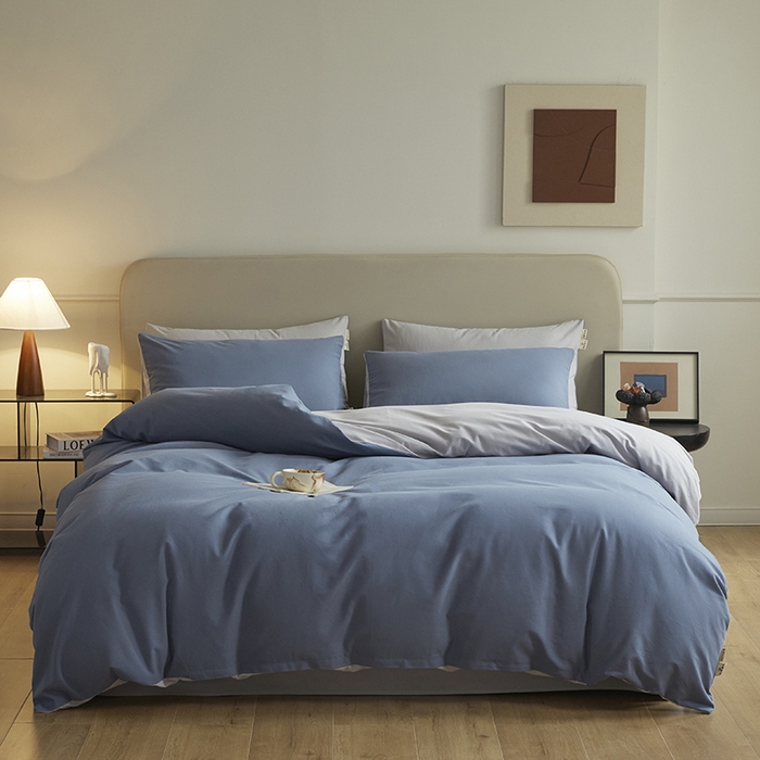 91家纺网 家纺一手货源 找家纺 澳梵家居 2024新款秋冬纯色全棉磨毛四件套--素色如锦系列 半岛蓝-幻影灰
